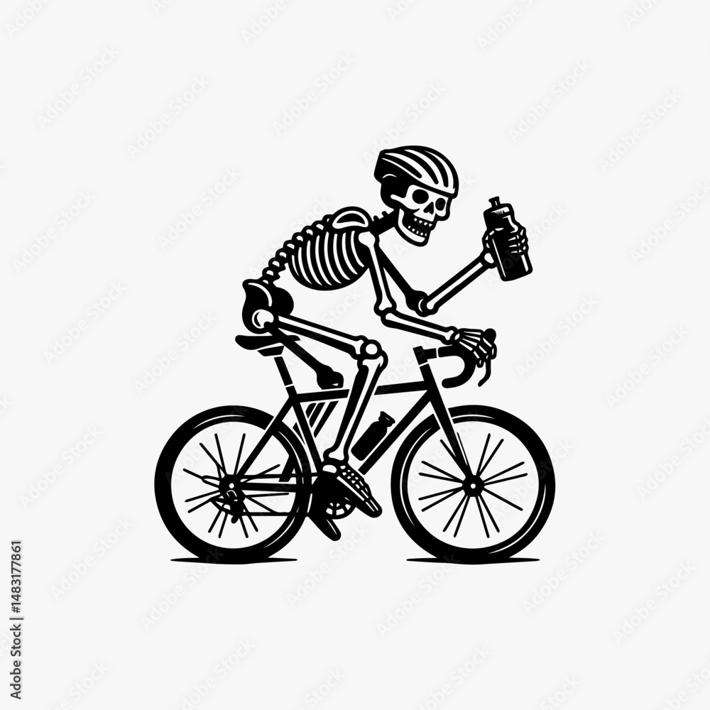 Naklejka premium Dynamic skeleton figure energetically pedaling a bicycle with detailed mechanics vector logo. Sport concept