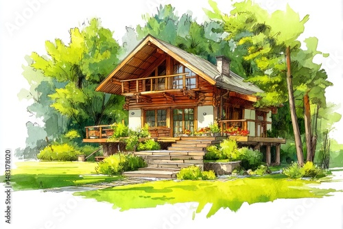 Wallpaper Mural Stylish Cabin in Nature Painted in Watercolor Style Torontodigital.ca