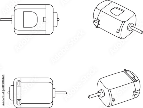 Technical line art illustration of a small DC motor shown in multiple angles. Perfect for electronics, mechanical engineering, and robotics-related concepts.