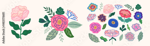 Beautiful romantic flower collection with roses, leaves, floral bouquets, flower compositions
