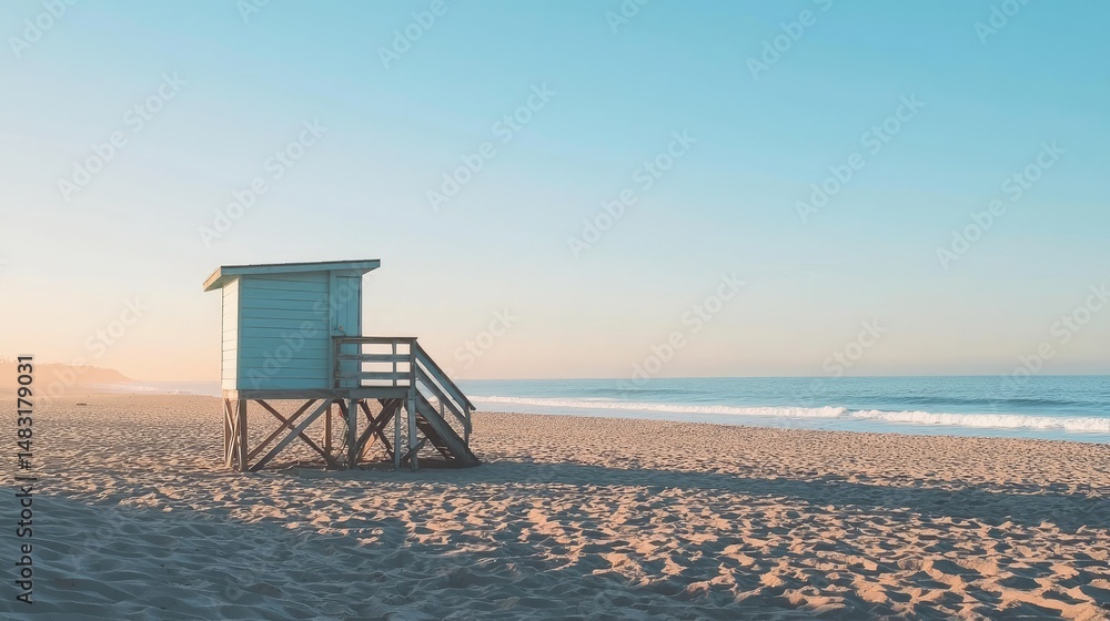 Tranquil beach scene with a light blue wooden watchtower. Tranquil beach scene with a light blue wooden watchtower.