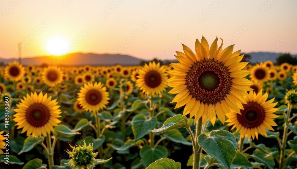 Fototapeta premium a serene sunset over an expansive field of ripe golden sunflowers