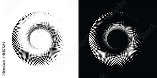 Modern abstract background. Halftone dots in circle form. Spiral logo, icon or design element. Black dots on a white background and white dots on the black side dotted arts