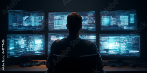Man at high-tech station with digital blue data streams