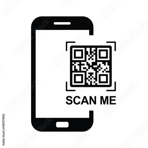 Top-down view of a centered black smartphone silhouette with QR code and bold "SCAN ME" text. Minimalist flat design in black and white, sans-serif font. Neutral, functional for scanning instructions.
