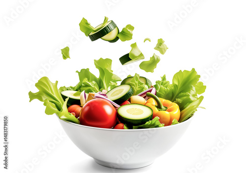 Fresh Vegetable Salad Bowl with Flying Ingredients: Tomato, Cucumber, Lettuce Falling into Dish. Healthy Eating, Diet Food Prep. Isolated on transparent background, PNG, cut out.
