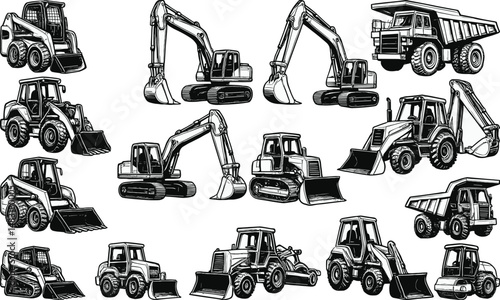 Black-and-white line drawing featuring various heavy construction machinery including excavators, bulldozers, cranes, and loaders arranged in a grid, representing industrial equipment and construction