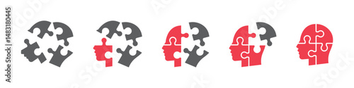 Set of human heads with puzzles icons. Puzzle human face, mental health, logical thinking, idea, business, business project. Vector.