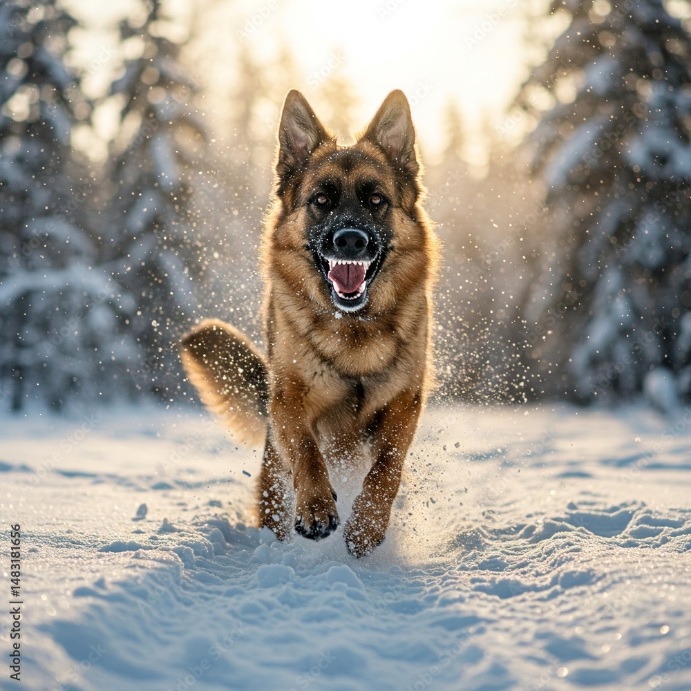 happy german shepherd running dog in the snowy wild forest energetically and happily happy german shepherd running dog in the snowy wild forest energetically and happily