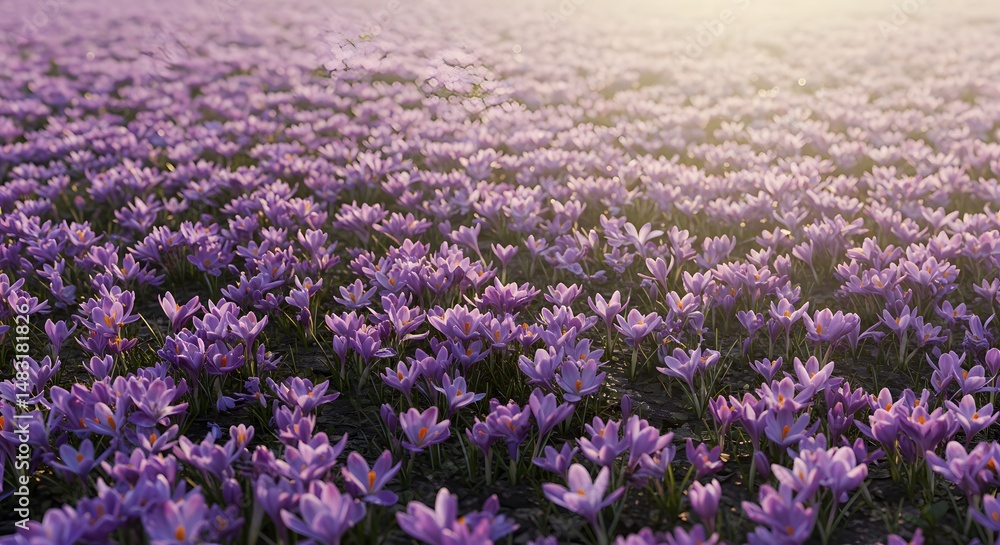 Obraz premium Field of Purple Flowers Blooming in Spring Sunlight