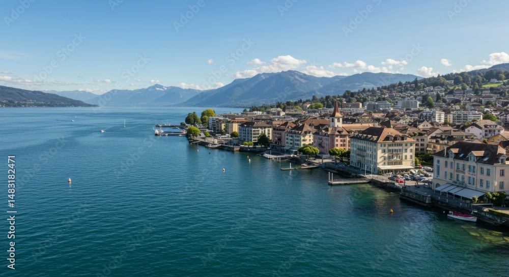 Lakeside town panorama, sunny day Lakeside town panorama, sunny day
