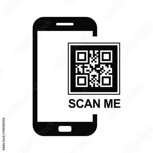 Top-down view of a centered black smartphone silhouette with QR code and bold "SCAN ME" text. Minimalist flat design in black and white, sans-serif font. Neutral, functional for scanning instructions.