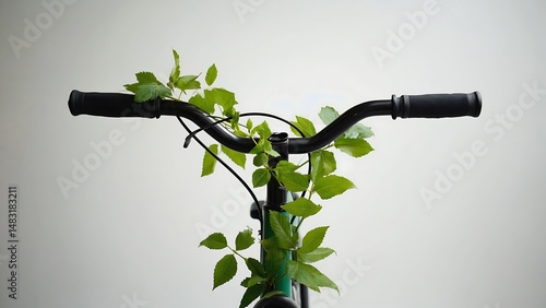 Bicycle handlebars entwined with green leaves