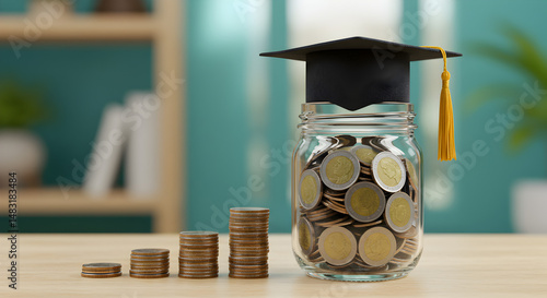 Wallpaper Mural Graduation Cap on Coin Filled Jar with Stacked Coins Symbolizing Education Savings and Investment on Light Wood Table Torontodigital.ca