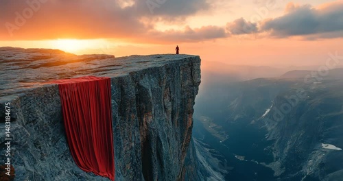 A woman in a red dress stands on a cliff edge at sunset, overlooking a vast valley.
