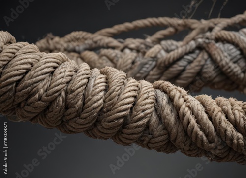 Severely stressed rope, showing significant wear, imminent failure,  white background,  background