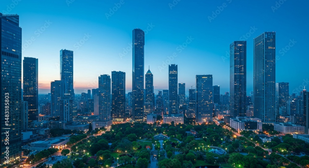 Obraz premium Cityscape Dawn: Urban Skyline Panorama - A captivating urban scene at dawn, showcasing a city skyline, lush green park, modern architecture, and vibrant city lights. Symbolizing growth, nature