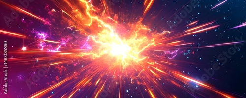 Celestial Burst: An explosive cosmic display showcasing a vibrant explosion of energy and light. A dynamic and awe-inspiring depiction of the cosmos and scientific marvels.