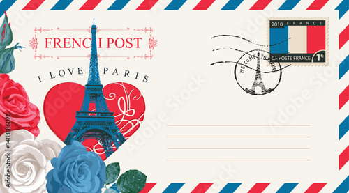 Vector travel, greeting card with heart sign, Eiffel Tower in Paris, France. Or vintage style postal envelope with pink roses and words I love Paris. Valentine on Valentine's Day. No AI used