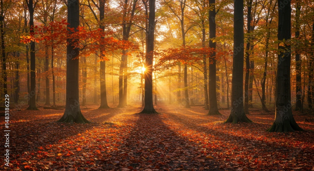 Obraz premium Autumn forest sunbeams