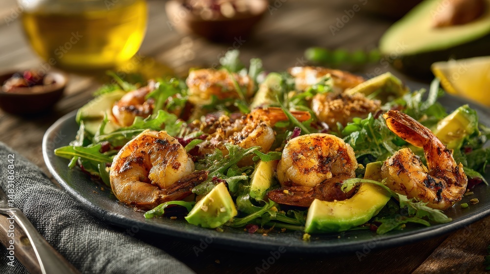 Grilled shrimp and avocado salad. A delicious and healthy meal, perfect for a summer lunch. Grilled shrimp and avocado salad. A delicious and healthy meal, perfect for a summer lunch.