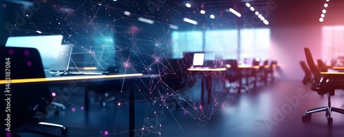 Modern Office Network: A futuristic image of a modern office space with computer workstations, subtly overlaid with a network visualization, showcasing connectivity and technological advancement. 