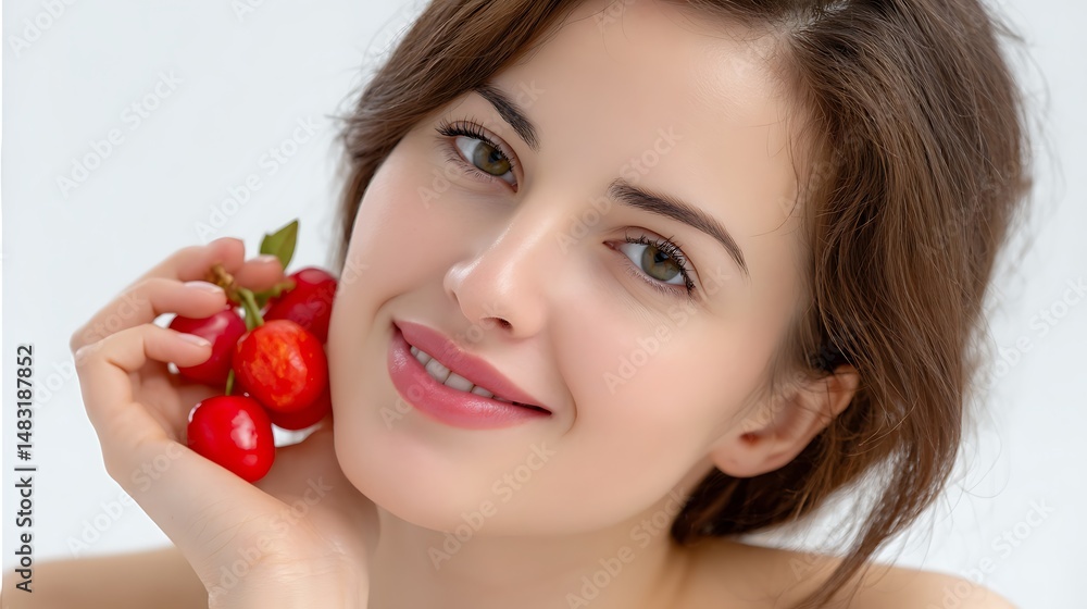 Young Woman Holding Fresh Red Cherries with a Natural Smile Young Woman Holding Fresh Red Cherries with a Natural Smile