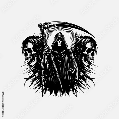 Central ominous Grim Reaper figure holding intricate scythe vector logo flanked by two terrifying human skull designs