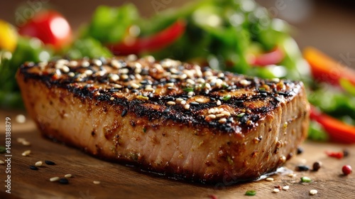 Close-up of a delicious grilled tuna steak, seasoned with sesame seeds, served alongside a vibrant green salad. A delectable culinary image.