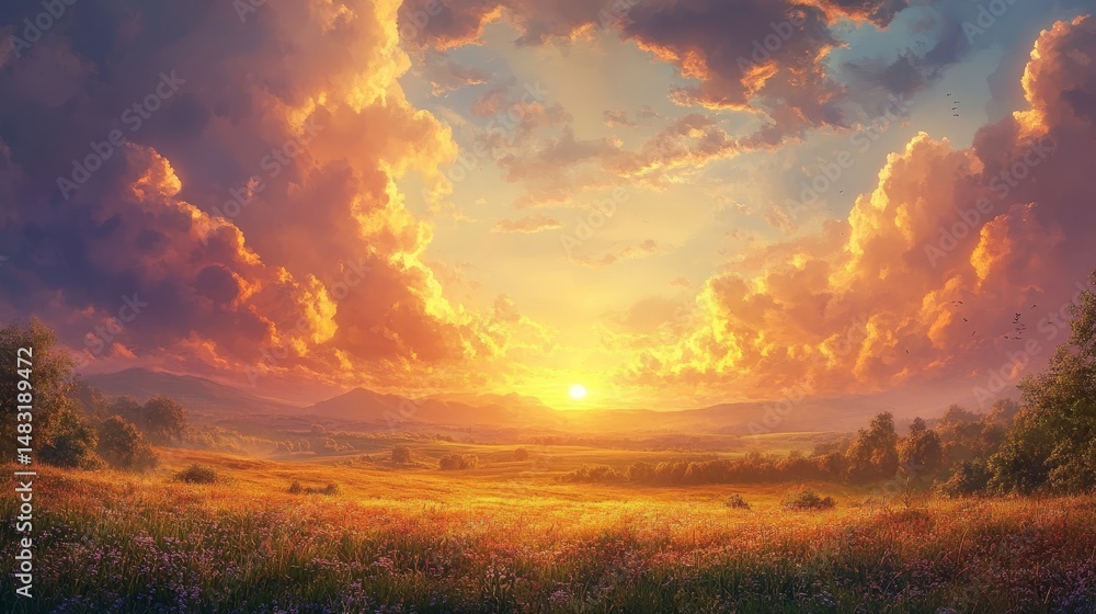 Obraz premium Golden sunset over a serene, grassy landscape.