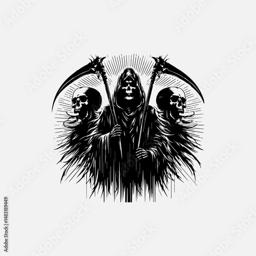 Central ominous Grim Reaper figure holding intricate scythe vector logo flanked by two terrifying human skull designs