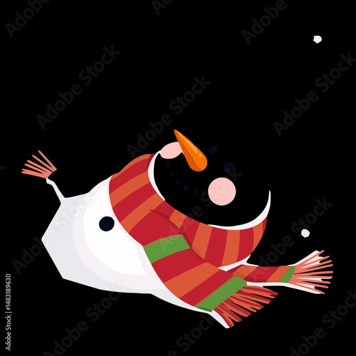 Snowy Daydream: A whimsical snowman, adorned with a carrot nose and festive scarf, floats dreamily against a midnight canvas, evoking the magic and joy of winter.