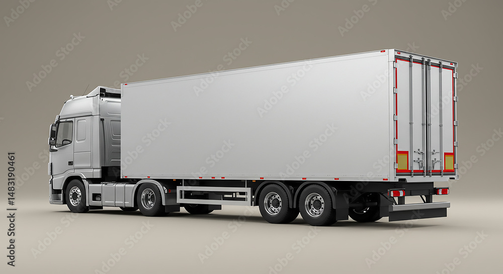 A silver semi truck with a white trailer on a beige background viewed from the rear quarter panel A silver semi truck with a white trailer on a beige background viewed from the rear quarter panel