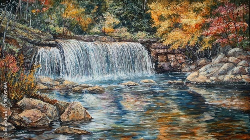 Autumnal waterfall cascading over rocky terrain.