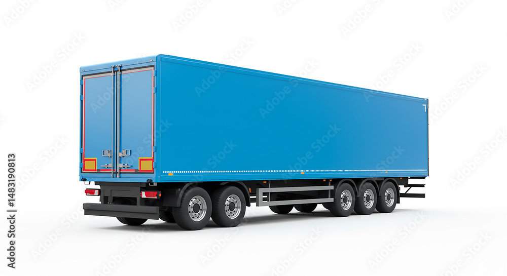 Rear view of a long blue semi trailer truck with multiple axles on a white isolated background Rear view of a long blue semi trailer truck with multiple axles on a white isolated background