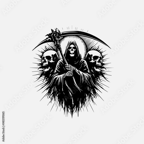 Central ominous Grim Reaper figure holding intricate scythe vector logo flanked by two terrifying human skull designs