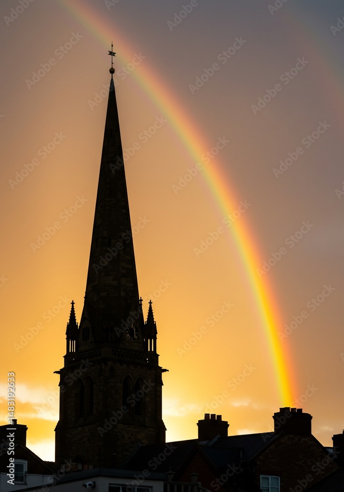 Fototapeta premium 夕焼け空虹色に輝く教会尖塔シルエット
