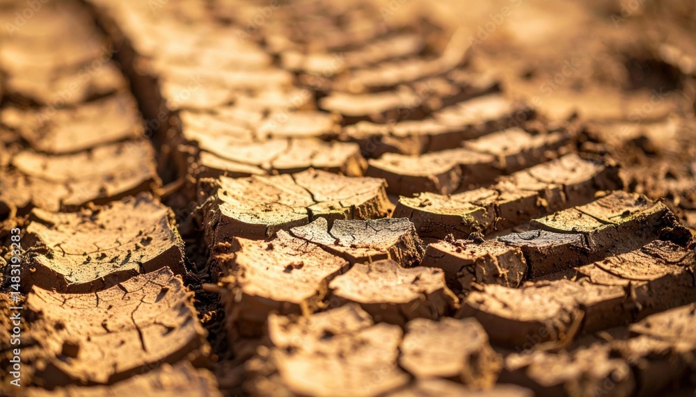 Fototapeta premium Closeup Of Cracked Earth Surface With Tire Tracks
