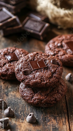 Wallpaper Mural Dark Chocolate Chip Cookies Stacked on Rustic Wood Table Sweet Dessert Treats Close Up Torontodigital.ca