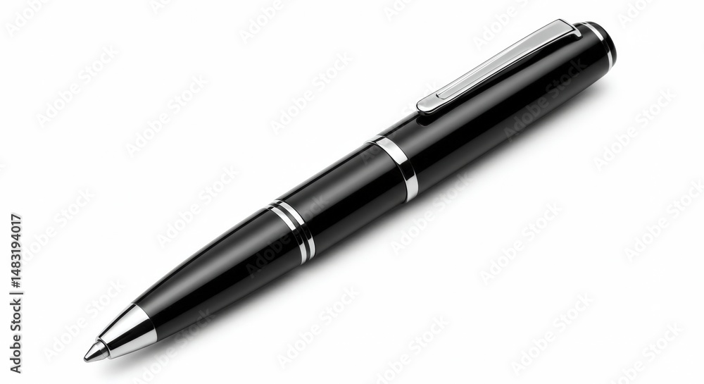 Elegant black pen resting on a clean surface, showcasing its sleek design and shiny details Elegant black pen resting on a clean surface, showcasing its sleek design and shiny details