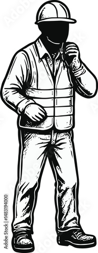 Black-and-white illustration of a construction worker wearing hard hat, safety vest, and work boots, holding a walkie-talkie to communicate on a construction site, emphasizing safety gear and industri