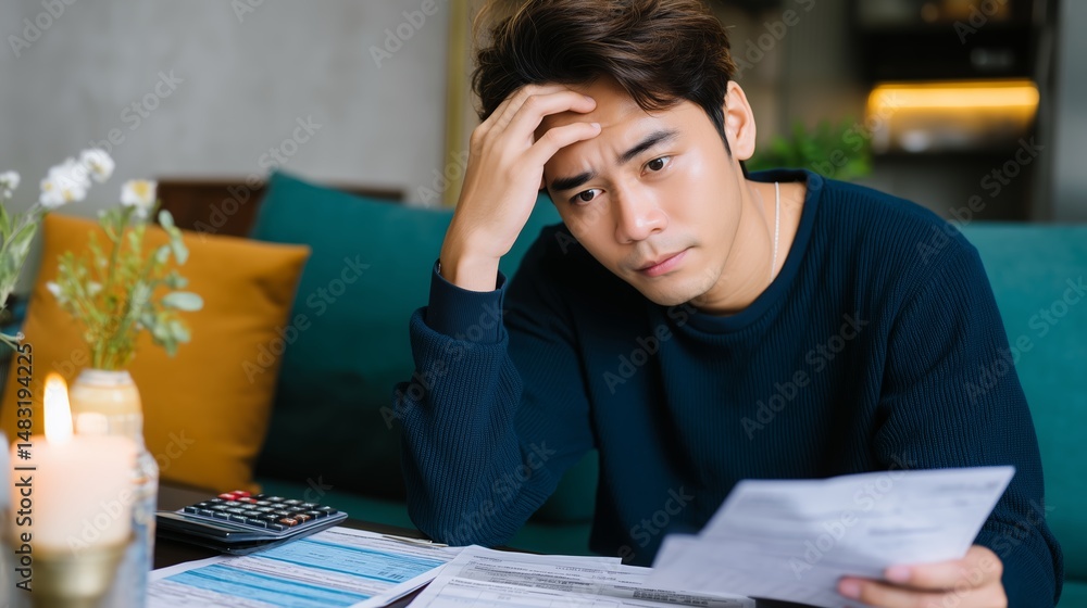 Young man reviews financial documents at home and feels stressed about expenses and budgeting decisions