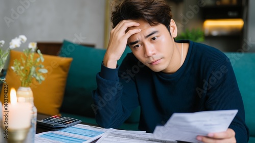 Obraz na płótnie Young man reviews financial documents at home and feels stressed about expenses and budgeting decisions w salonie