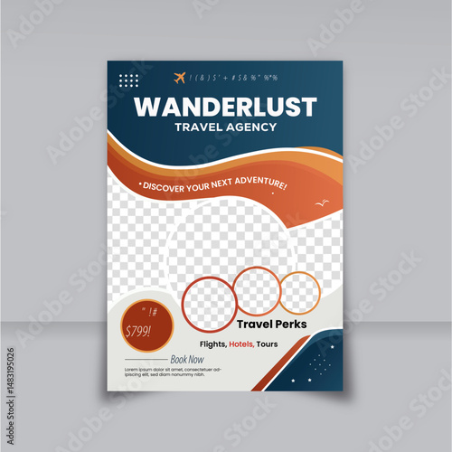 Travel flyer template for vacation packages and tourism promotion.