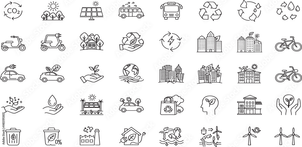Green City Line Editable Icons set. Vector illustration in modern thin line style of eco related icons: CO2 neutral, zero waste, use bike, green energy, air and water quality. Green City Line Editable Icons set. Vector illustration in modern thin line style of eco related icons: CO2 neutral, zero waste, use bike, green energy, air and water quality.