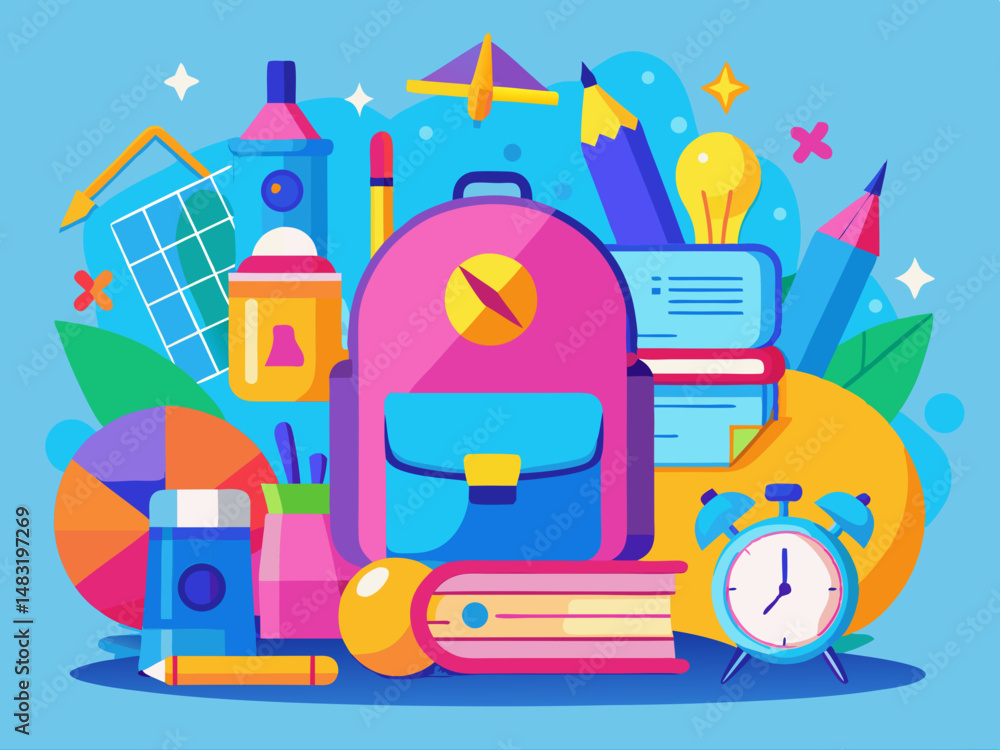 Back to School Colorful Illustration with Backpack and Supplies Back to School Colorful Illustration with Backpack and Supplies