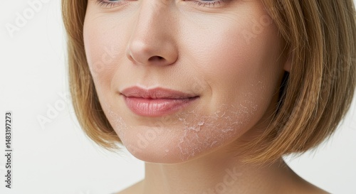 Dry Skin and Facial Texture - Close-up of a woman's face showing dry, flaky skin on her chin and jawline. Illustrates the need for skincare