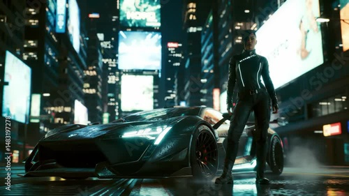 A stylish woman stands by her sleek futuristic sports car on a neon-lit, wet cyberpunk city street at night. Ideal for sci-fi games or future tech showcases. It portrays urban edge. 4k 60 fps.