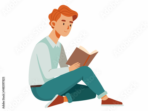 Young Man Sitting Floor Reading Book Casual Clothes