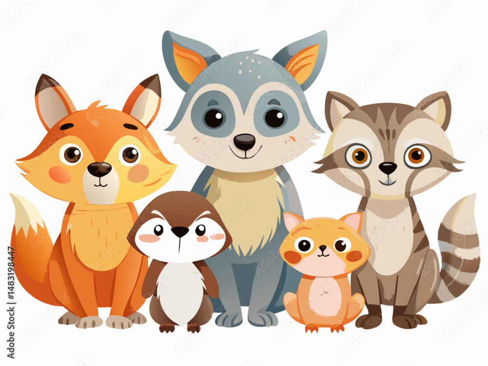 Obraz premium Adorable Cartoon Forest Animals Group Sitting Together